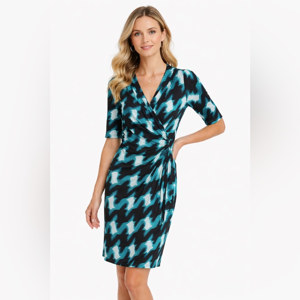 Karen Kane Faux Wrap Dress Short Sleeve Teal & Black Abstract Size Medium